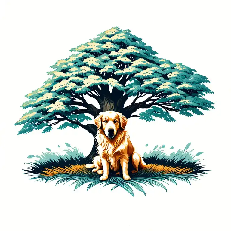 Rowan Tree With Golden Retriever Sitting