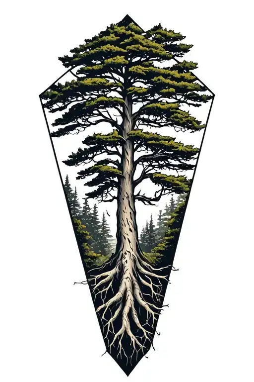 Bald Cypress With Roots Inside Diamond Shaped Line Outlining