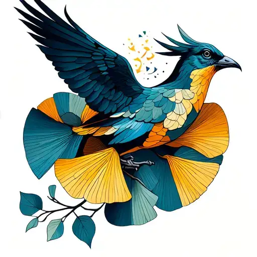 Ginkgo Leaves And Liver Bird Flying