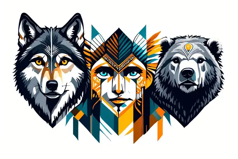 Indian With Hazel Eyes With A Wolf With Blue Eyes And A Bear With Yellow Eyes