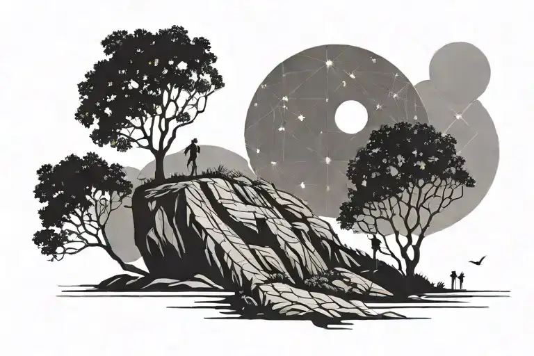 Man Walking Down Cliff Under Tree With Big Moon In Background