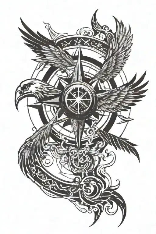 Flying Upwards Needled Compass With Phoenix Wings With Fire Around It All