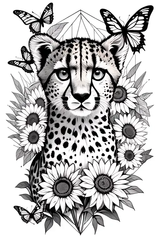 Cheetah Cub Emerging From Sunflowers With Butterflies Around