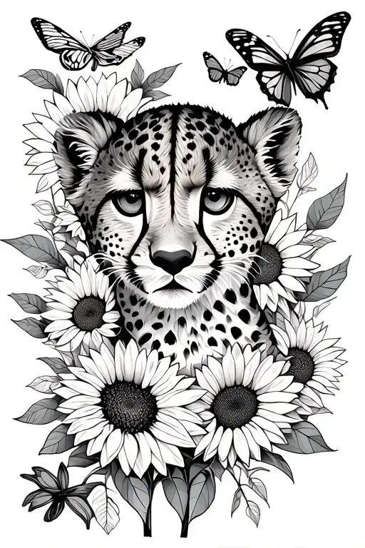 Cheetah Cub Emerging From Sunflowers With Butterflies Around