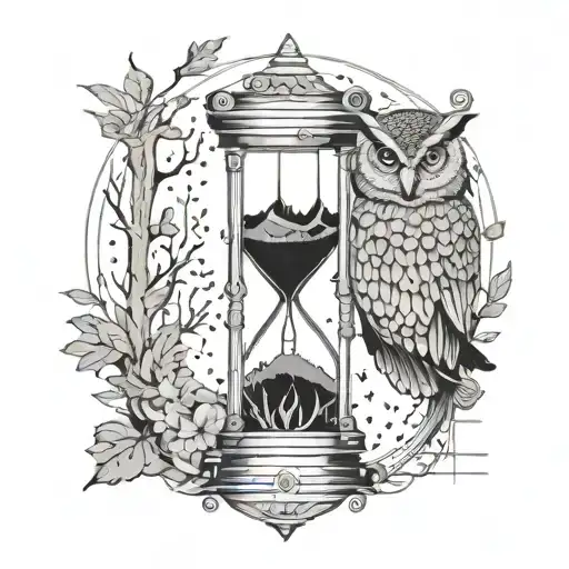 Hourglass With An Owl Sitting In The Forest And Lightning