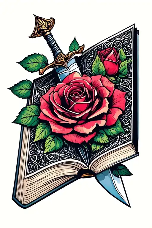 Open Book With Dagger Coming Out With Rose Flower Growing Around The Dagger
