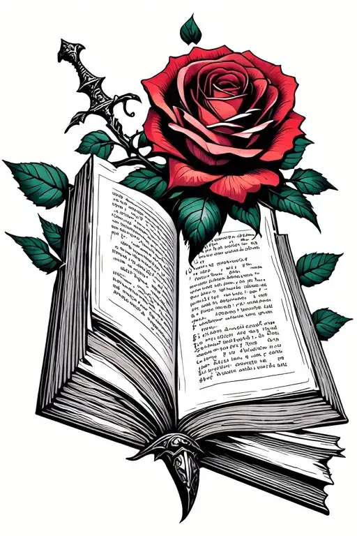 Open Book With Dagger Coming Out With Rose Flower Growing Around The Dagger