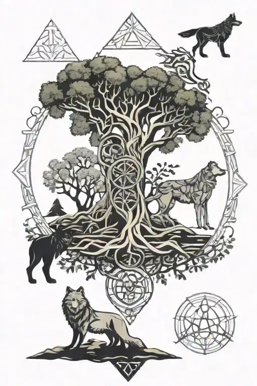 Yggdrasil Tree With Wolf And Nordic Symbols