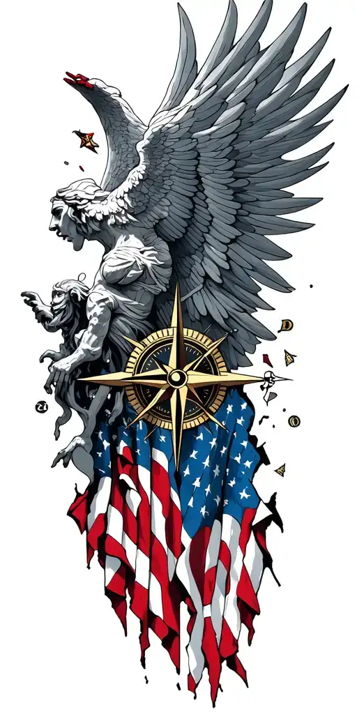 Fallen Angel And Gods With Nautical Compass And Pieces Of Torn American Flag
