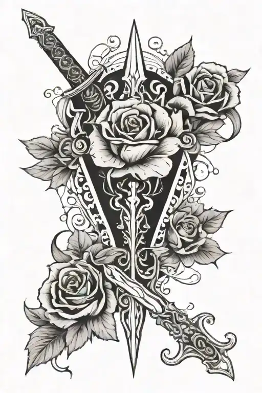 Sword Elegant Tattoo With Roses Diamond Semi Colon