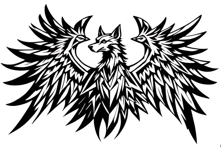 Wolf Headed Phoenix Rising Open Wings