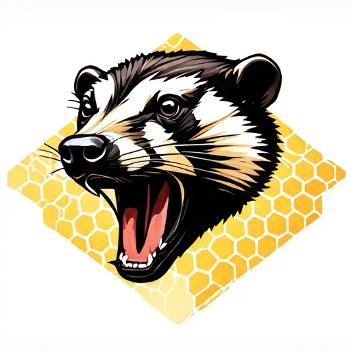 Head Of An Honey Badger With Mouth A Little Bit Open On The Background Of Honeycombs