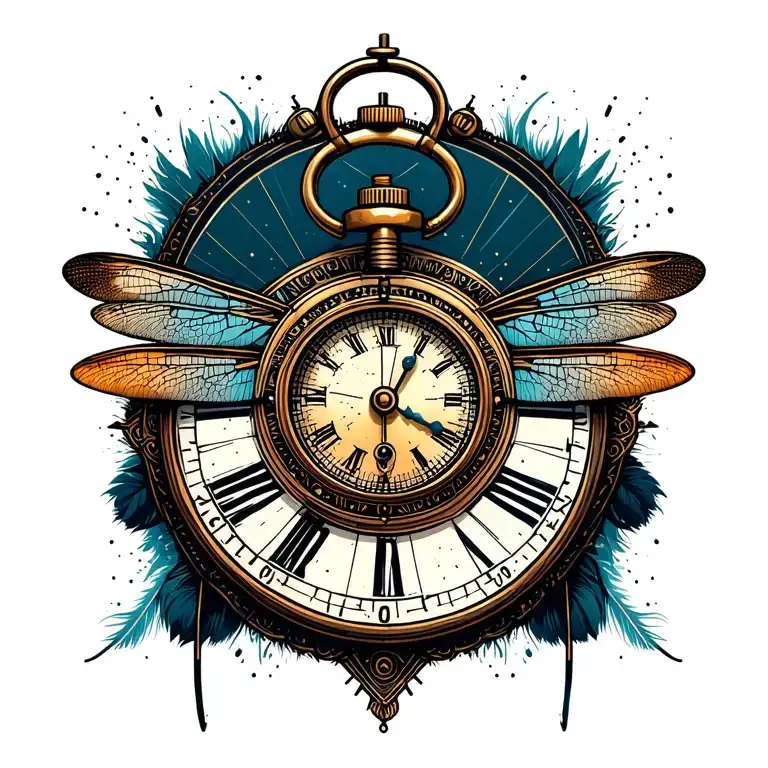 Vintage Steampunk Stopwatch With Feathers Behind And Abstract Dragonfly