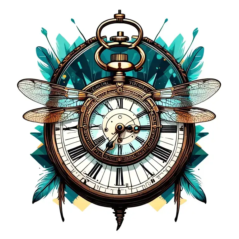 Vintage Steampunk Stopwatch With Feathers Behind And Abstract Dragonfly