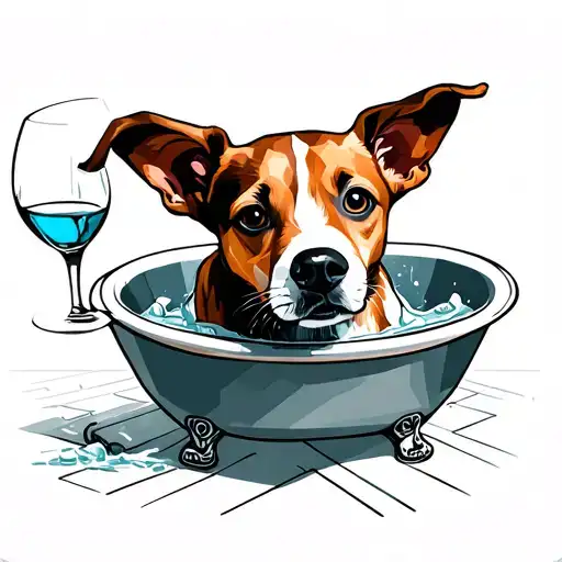 Dog In Bath Tub And Broken Wine Glass
