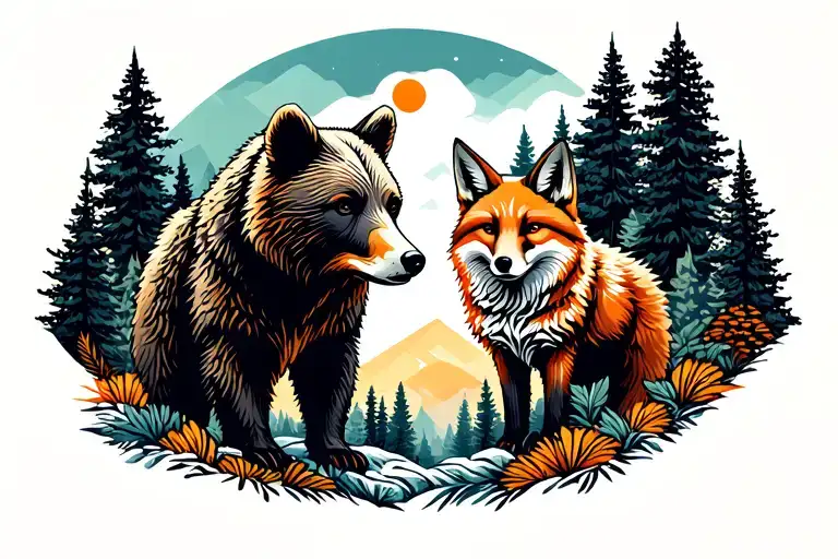 Bear And Fox In Forest Landscape