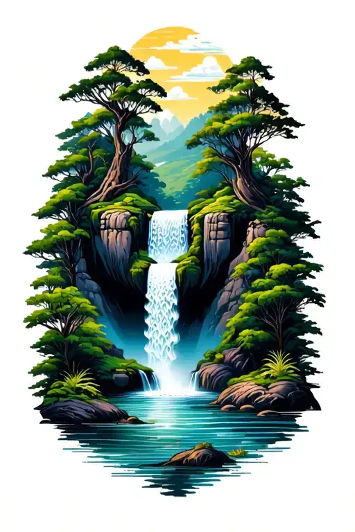 Waterfall Surrounded By Lush Greenery