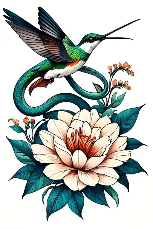 Humming Bird Feeding On Exotic Flower With Snake Intertwined