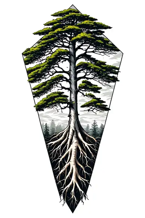 Bald Cypress With Roots Inside Diamond Shaped Line Outlining