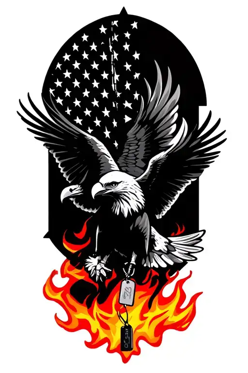 An Eagle Flying Out Of Flames With The Usa Flag And Dog Tags In Its Talons