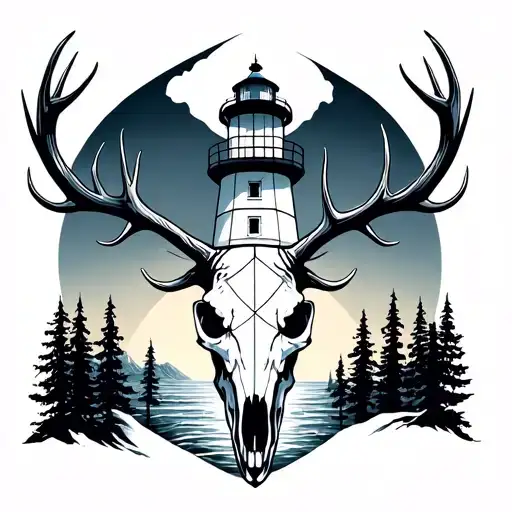 Lighthouse With Elk Skull With Antlers