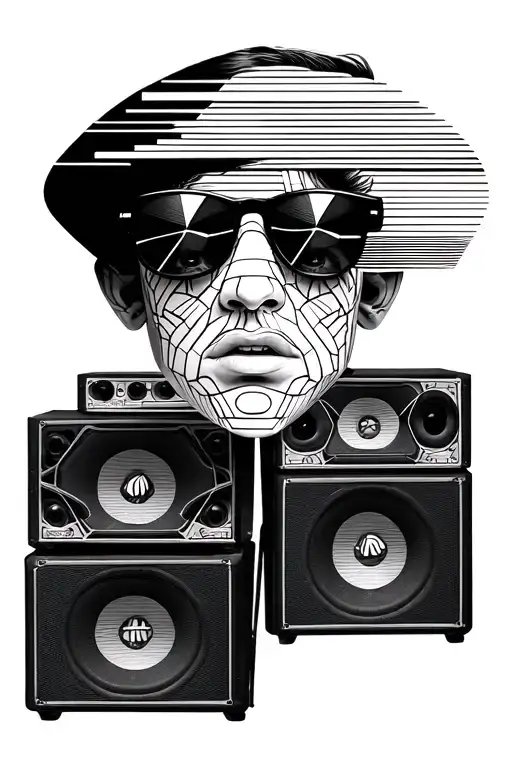 Trippy Face With Sunglasses In Front Of A Stack Of Speakers
