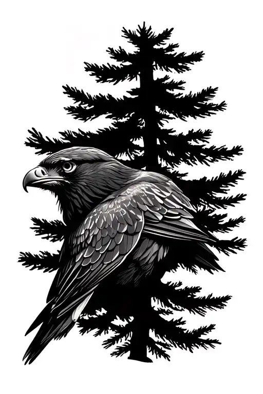 Bird Of Prey And Pine Trees