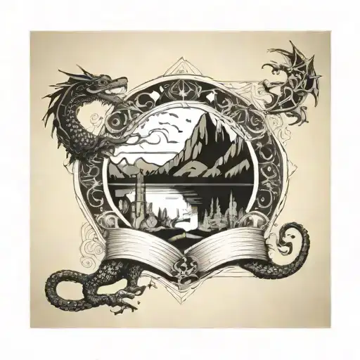 Tarocchi Card Rapresenting A Book Open With A Montain And Dragons Outside