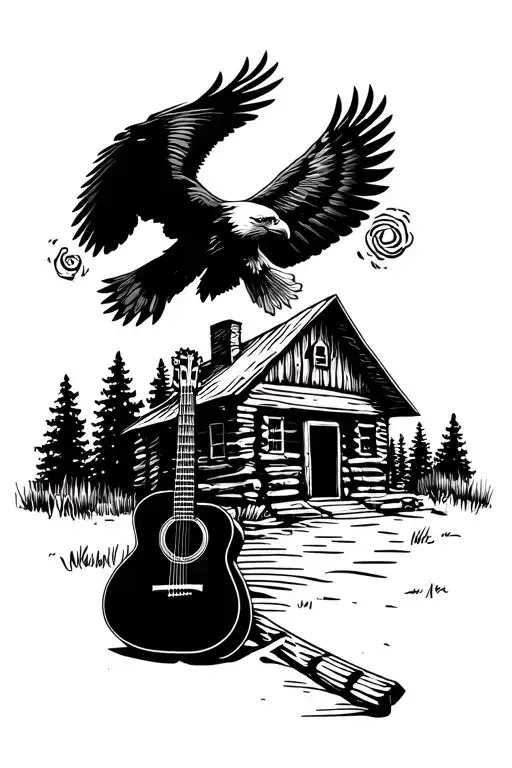 Acoustic Guitar Sitting Beside A Log Cabin And A Bald Eagle Flying
