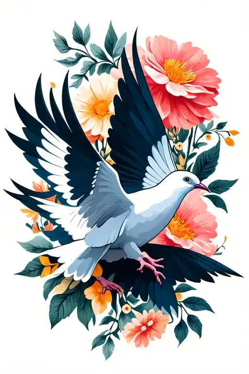 Flying White Dove Against The Background Of Flowers