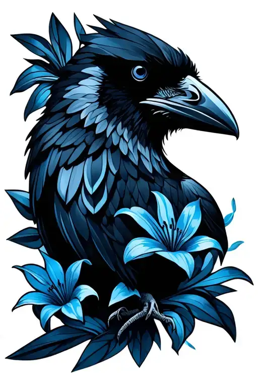 Raven With Lily Flowers Black And Blue