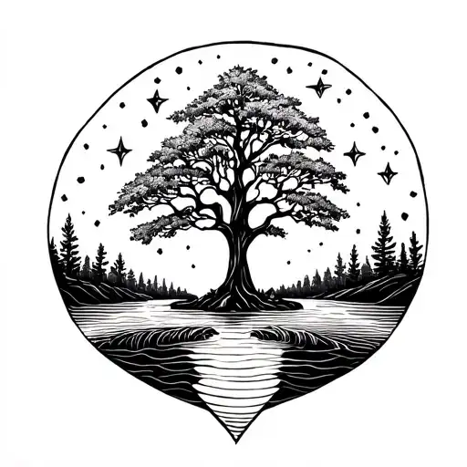 Rowan Tree Tatto With Stars Behind And River In Front