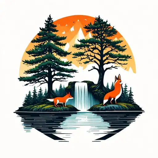 Rowan Tree With Wilderness Around It Small Fox In Left Hand Corner With Waterfall