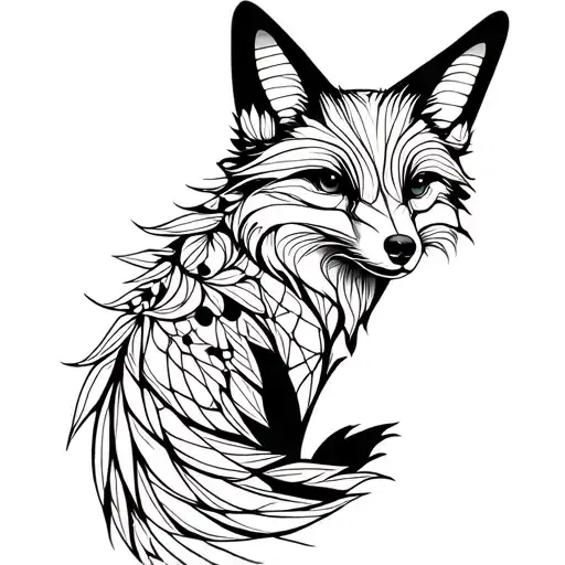 Sexy Black Fox And Butterfly Simple Line Drawing