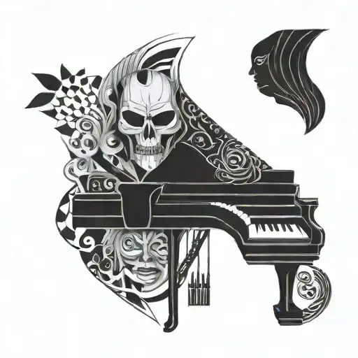 Tattoo With Elements Of Theatrical Masks And A Piano With Chaotic Lines