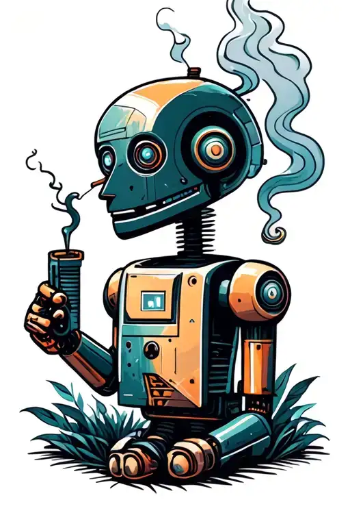 Ancient And Rusty Robot Smoking And Admiring Nature