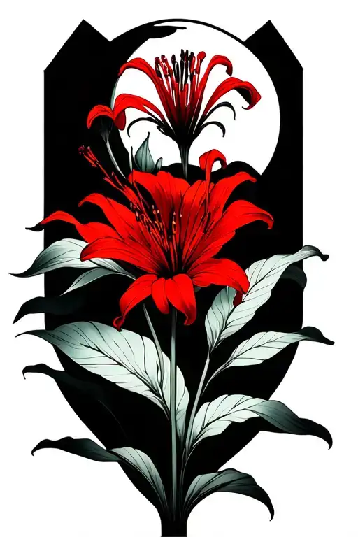 Red Spider Lily With A Full Moon Merging Together