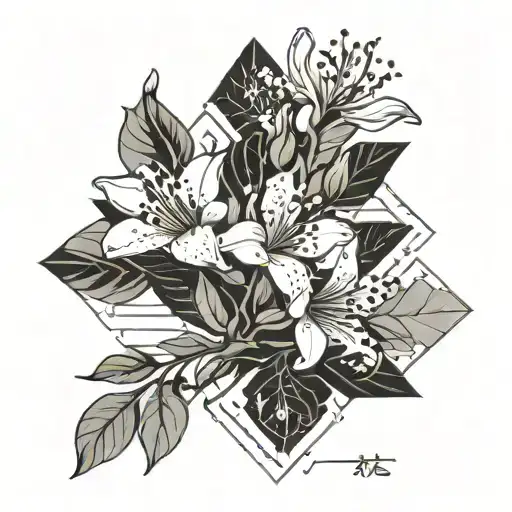 Chinese Cherry Blossoms Falling Down A Branch With Lilies