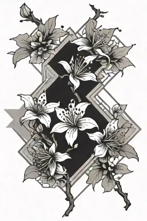 Chinese Cherry Blossoms Falling Down A Branch With Lilies