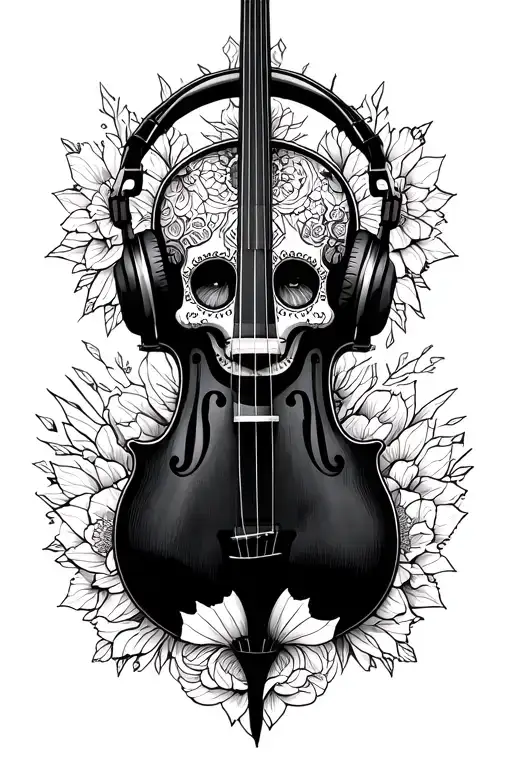 Sugar Skulls Embedded In A Cello Headphones And A Lady's