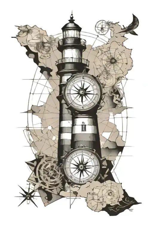 Lighthouse Infront Of Old Map And Compass