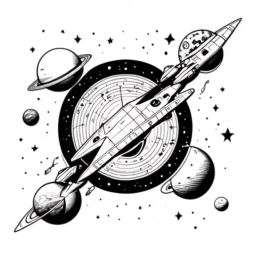 Gemini Symbol Surrounded By Space Scene Tattoo Design Featuring Spaceships And Planets And Starts