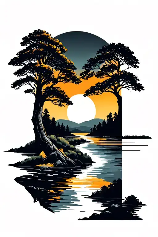 Tree And River And Sunset