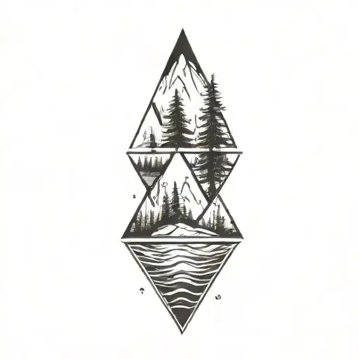 Mountain River Fir Trees Ocean Surrounded By Triangle Shapes Graphic Style