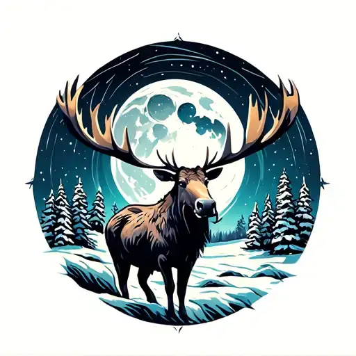 Mountain Moon Northern Lights Moose Looking