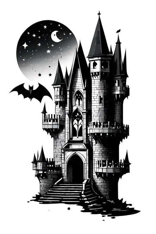 Dark Fantasy Castle With Big Windows And Bats Cresent Moon Stars