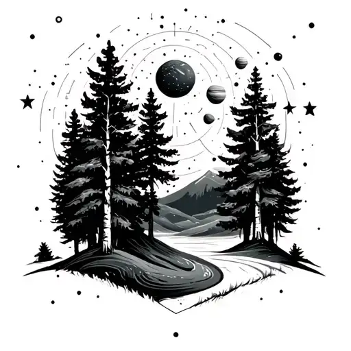 Birch Forest Landscape In Space With Stars And Planets That Includes Pulsar Map