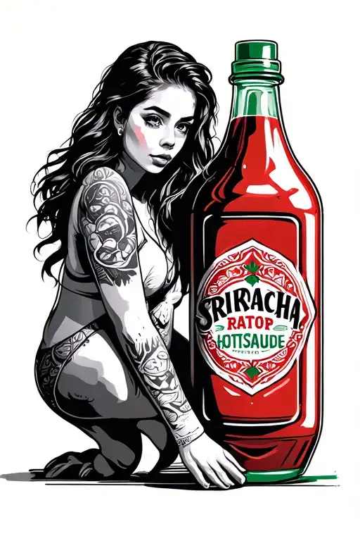 Seductive Girl Leaning Against A Giant Sriracha Hotsauce Bottle