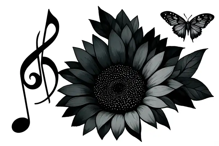 Sunflower With A Music Note And A Butterfly Emerging