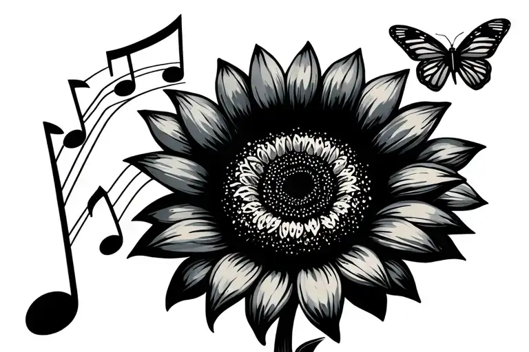 Sunflower With A Music Note And A Butterfly Emerging